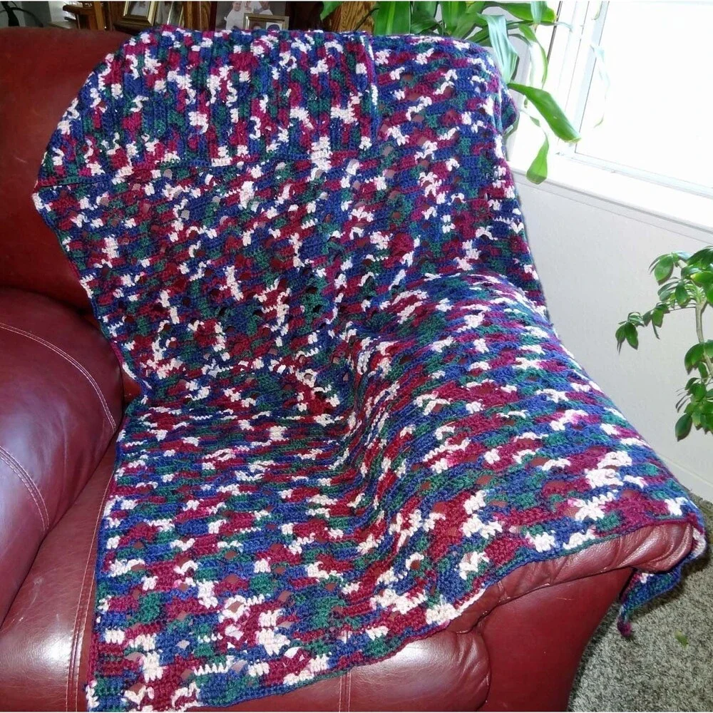 Hand Crocheted Afghan: Open Work Style, Blue Green Red 39